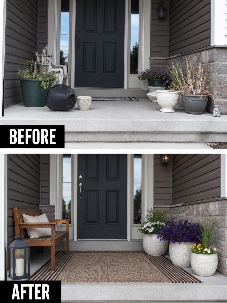 Before and after front porch with clutter cleared for bench, rug and potted flowers.