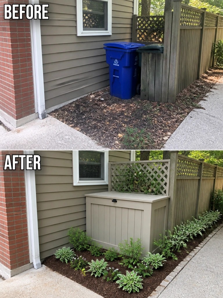 Before-and-after of trash cans replaced by storage bench with added plants and mulch
