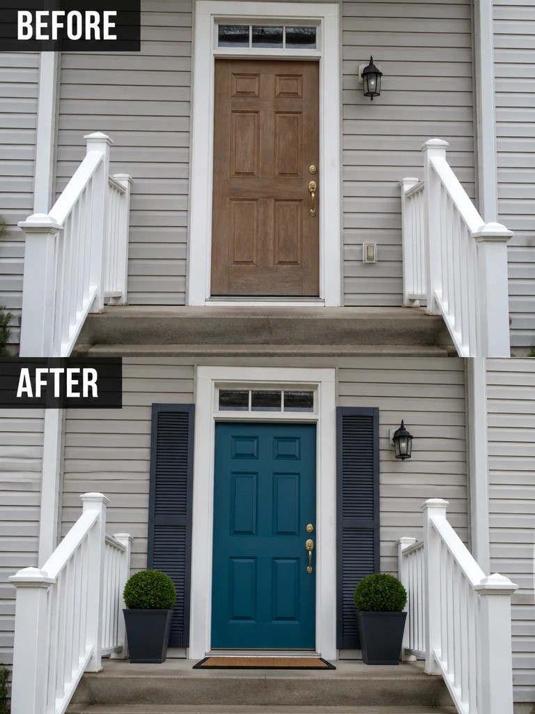 Before-after front entrance: brown door replaced by teal with dark shutters and potted plants.