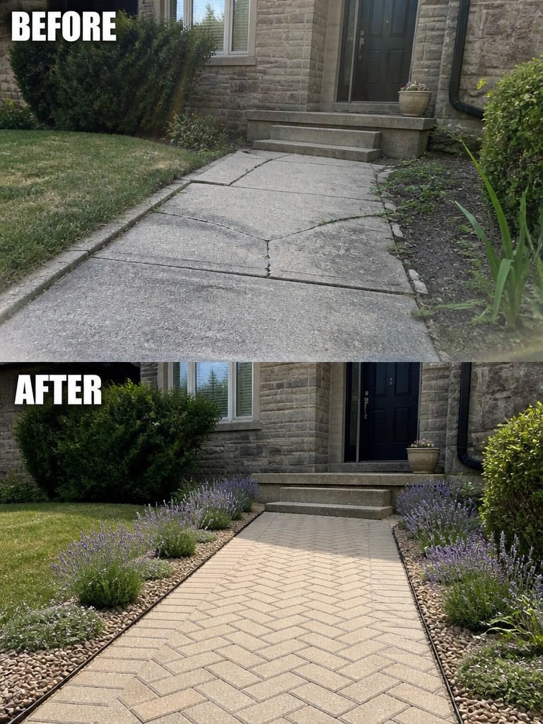 Before and after of cracked concrete walkway replaced by herringbone pavers with lavender beds.