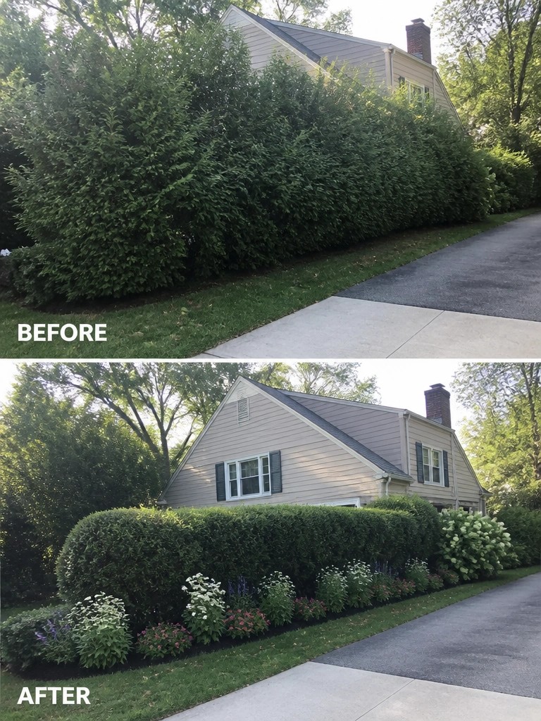 Before-and-after house landscaping with overgrown shrubs trimmed and flower garden added.