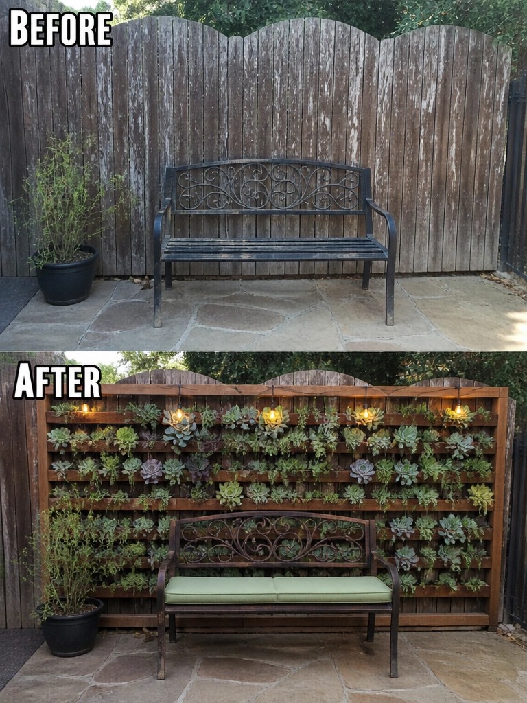 Before-and-after image of a patio bench area shown with a bare fence and after the fence is covered with a succulent living wall and string lights.