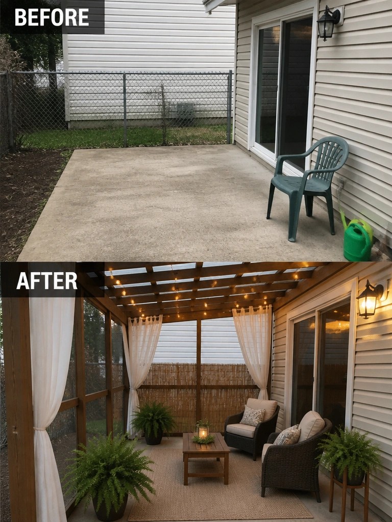 Before-and-after image of a bare concrete patio changed into a private seating area with a pergola, string lights, curtains, and outdoor furniture.