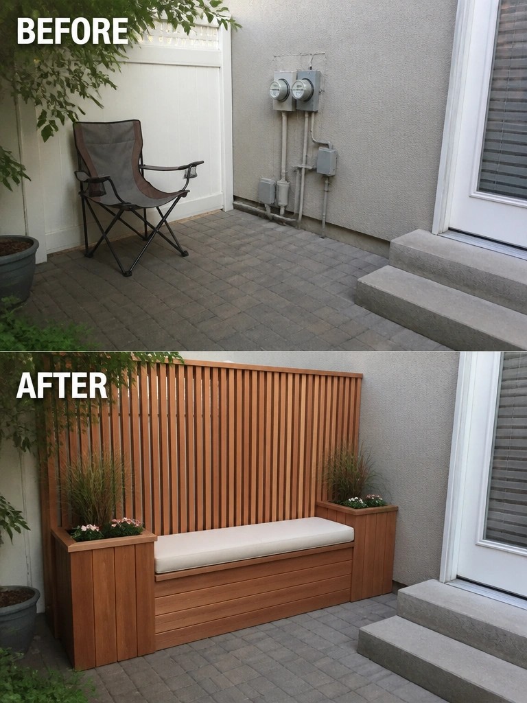 Before folding chair on patio, after wooden bench with planters and cushion.