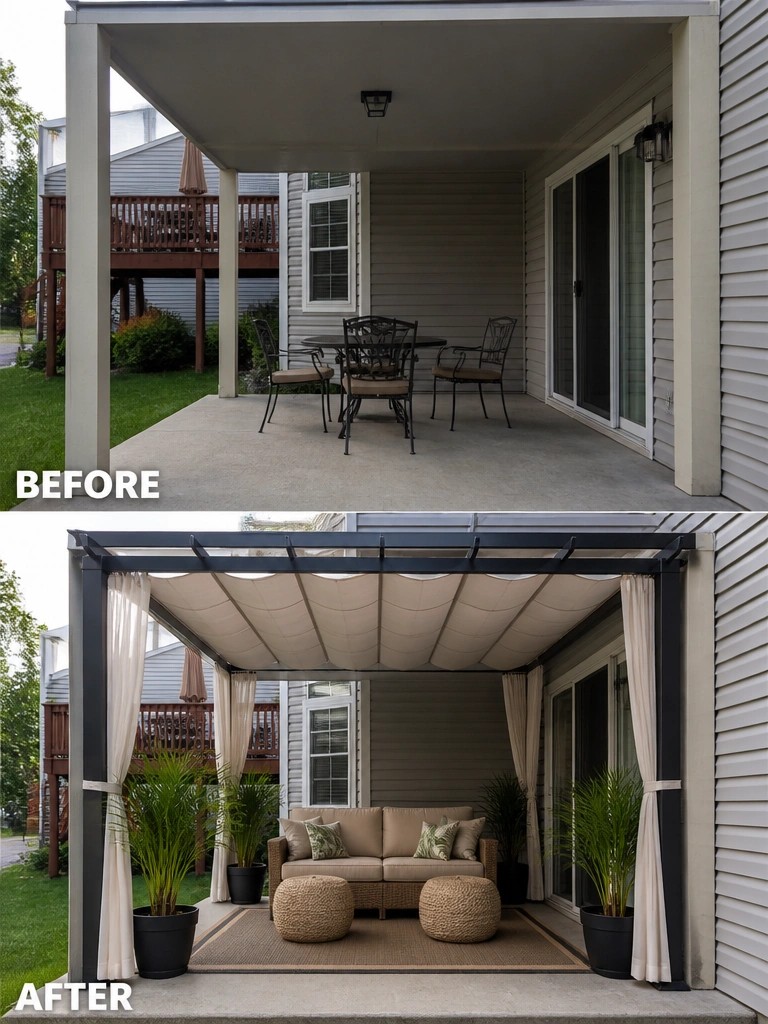 Before and after patio renovation with pergola, sofa, plants, and canopy added