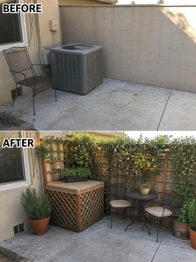 Before-and-after image of a bare concrete patio turned into a private seating area with a wood lattice screen, climbing vines, and outdoor furniture.