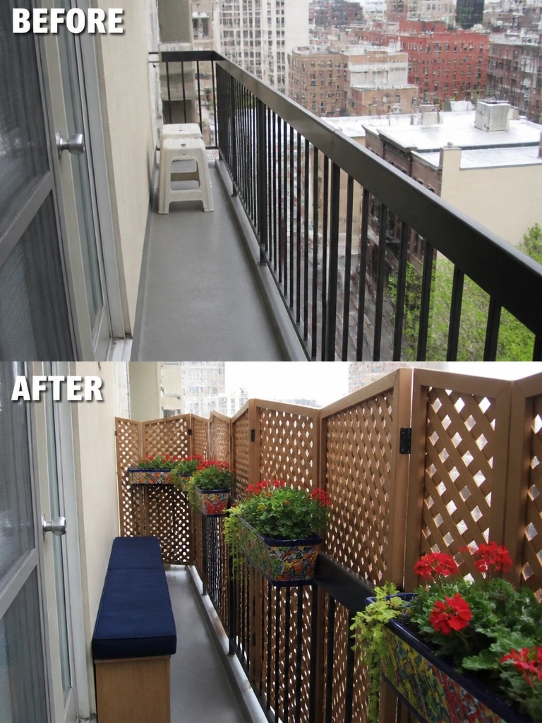 Before empty balcony with stool; after with bench, lattice screens, flower boxes