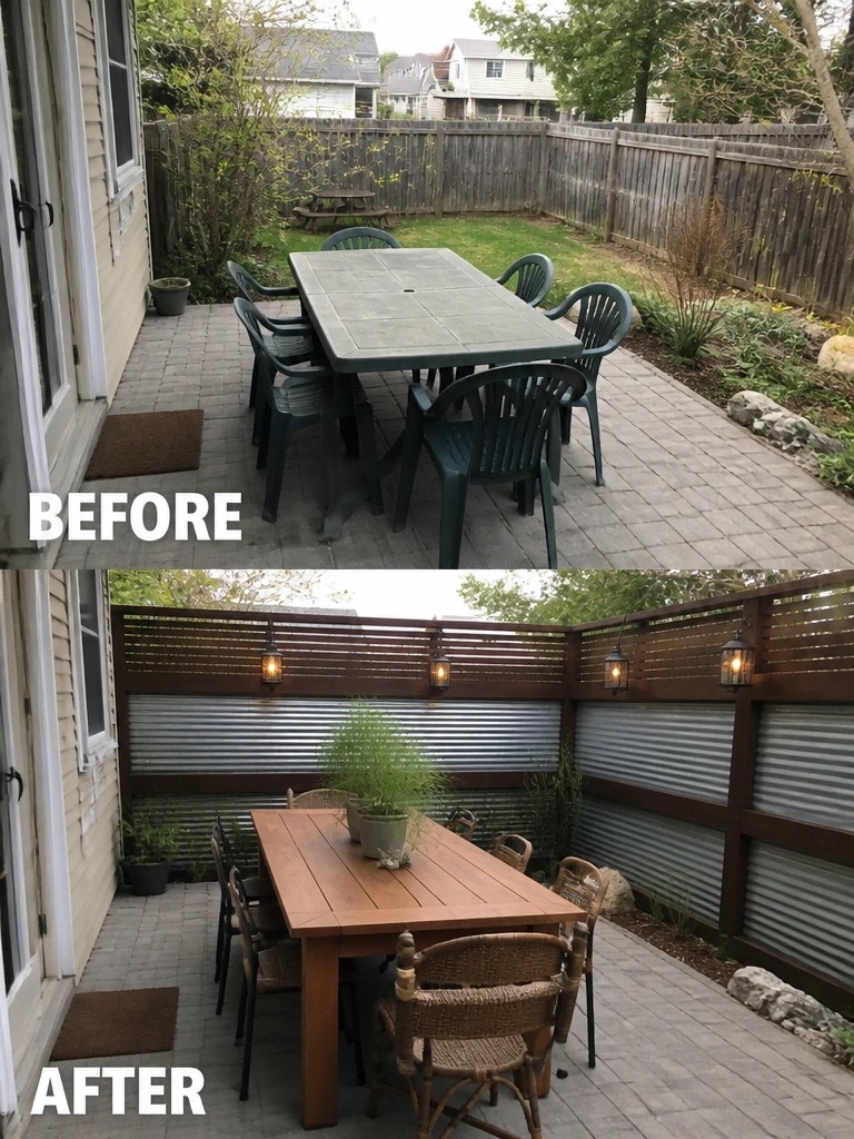 Before and after patio renovation with wooden table, wicker chairs, and modern fence.