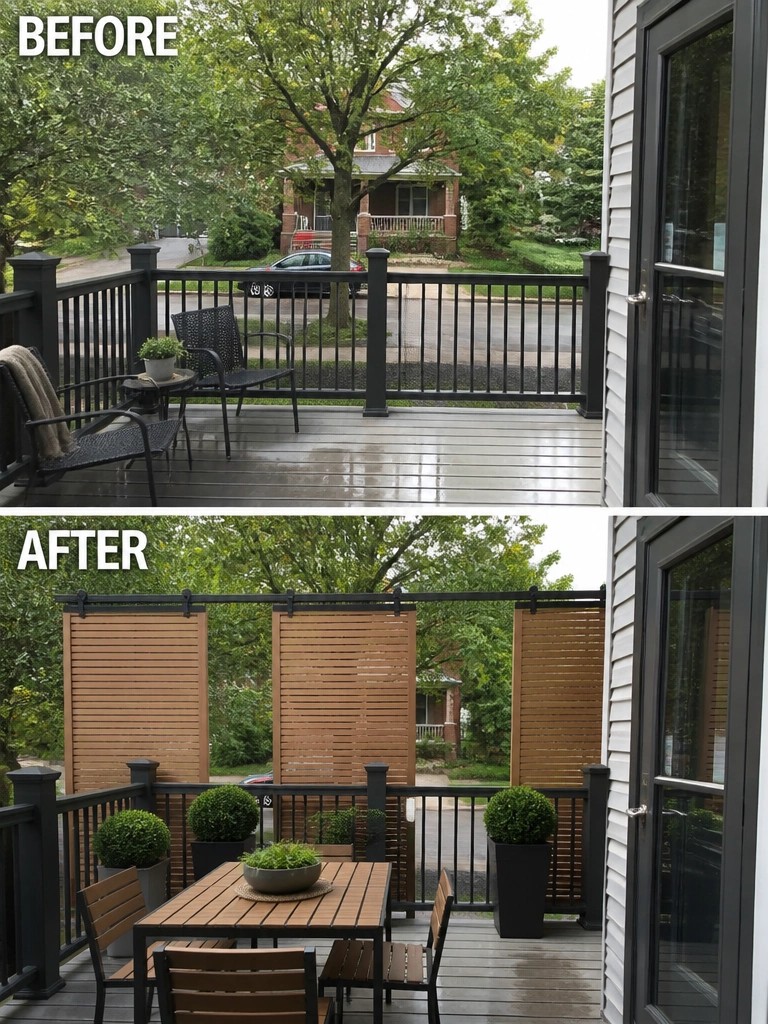 Before-and-after deck with added wooden privacy screens, plants, and dining set