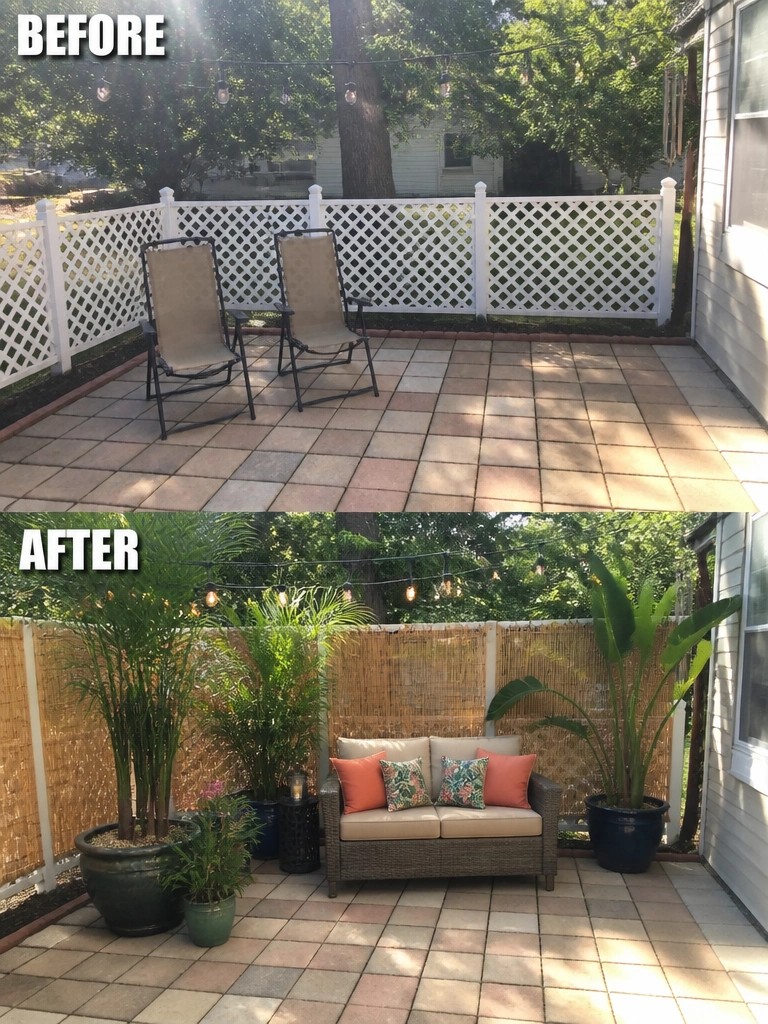 Before and after patio with chairs replaced by sofa, plants and bamboo screens.