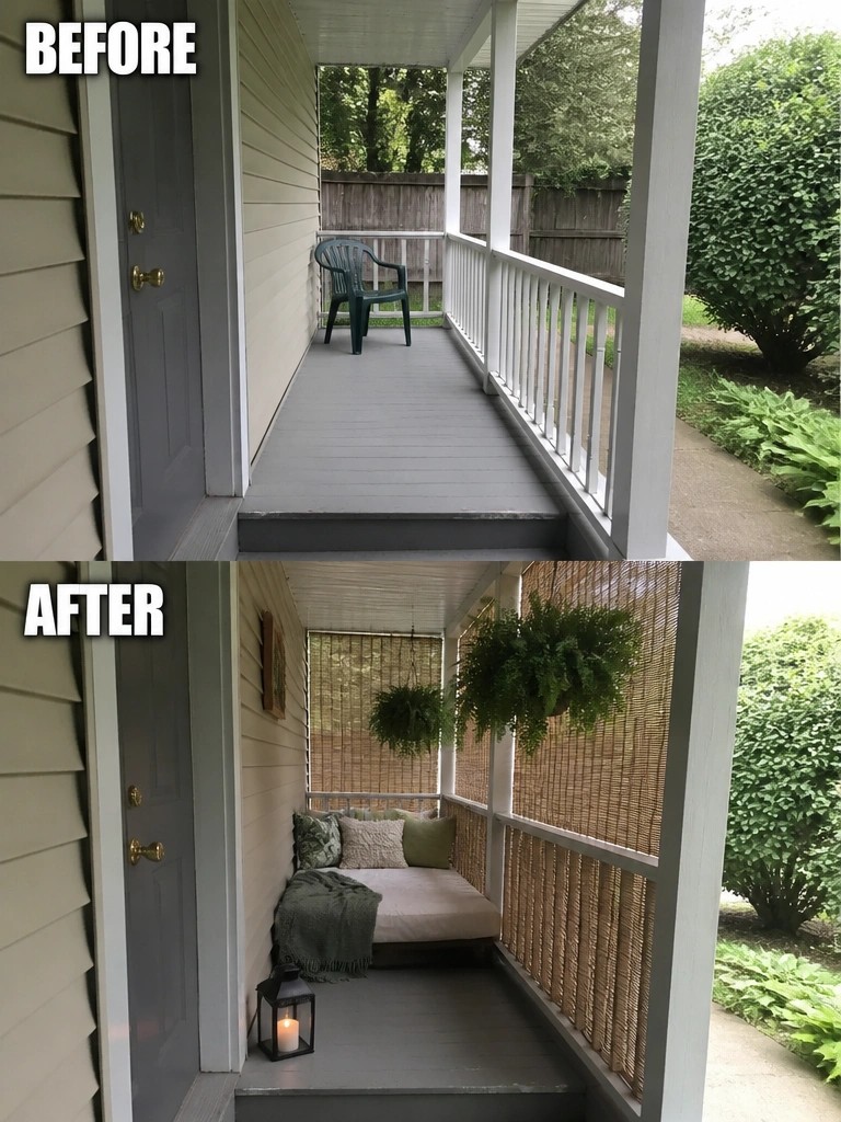 Before-and-after image of an open porch updated with reed privacy screens, hanging plants, and a cushioned bench area.