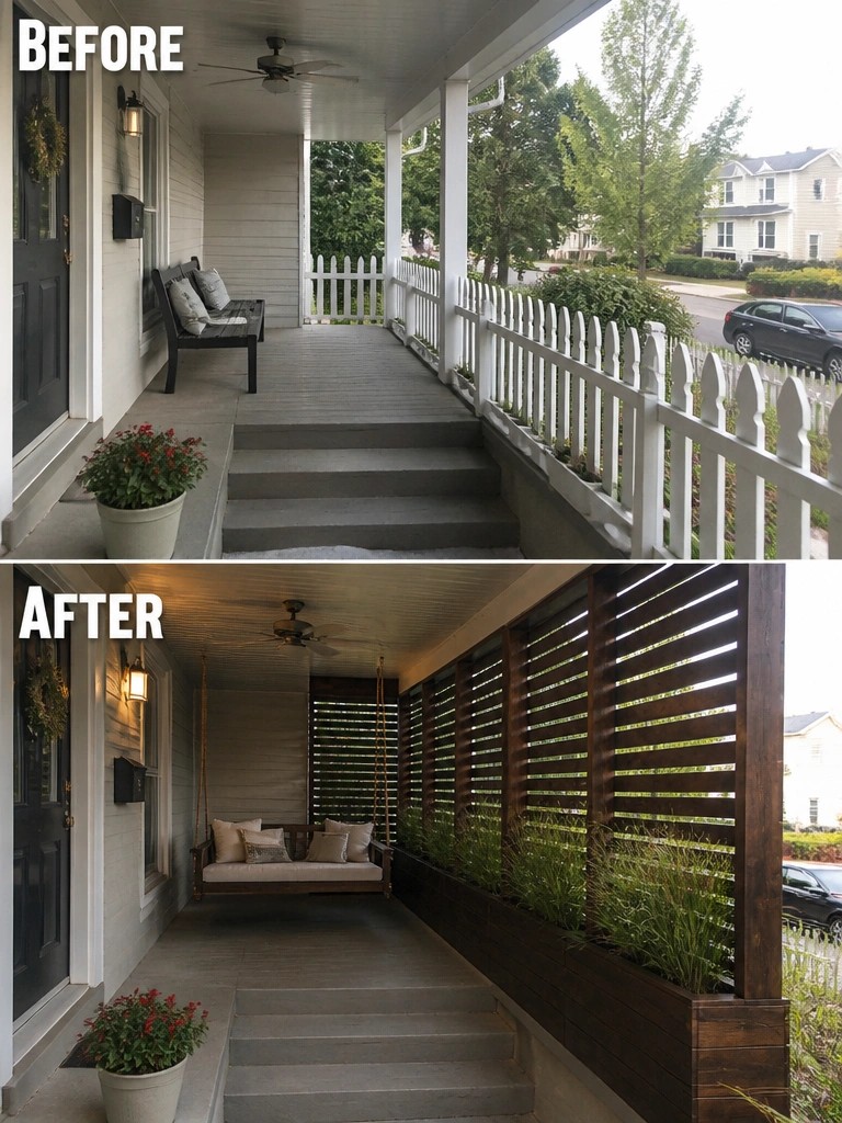 Before and after porch with bench replaced by wooden swing and privacy screens.