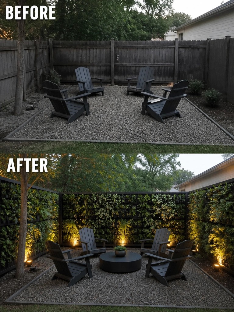 Before and after backyard patio with black chairs, gravel, and lit living walls.