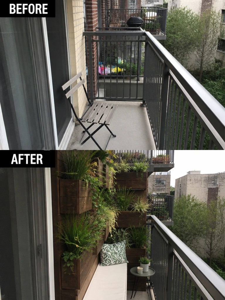 Before and after of balcony with chair transformed by vertical wood planters and bench.