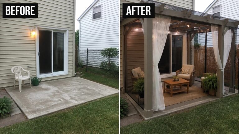 Before-and-after image of a bare concrete patio changed into a private seating area with a pergola, string lights, curtains, and outdoor furniture.
