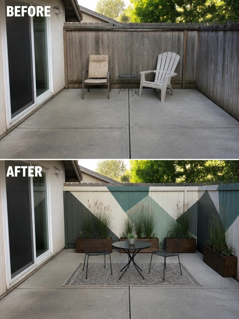 Before and after patio with geometric painted fence, planters, and seating area