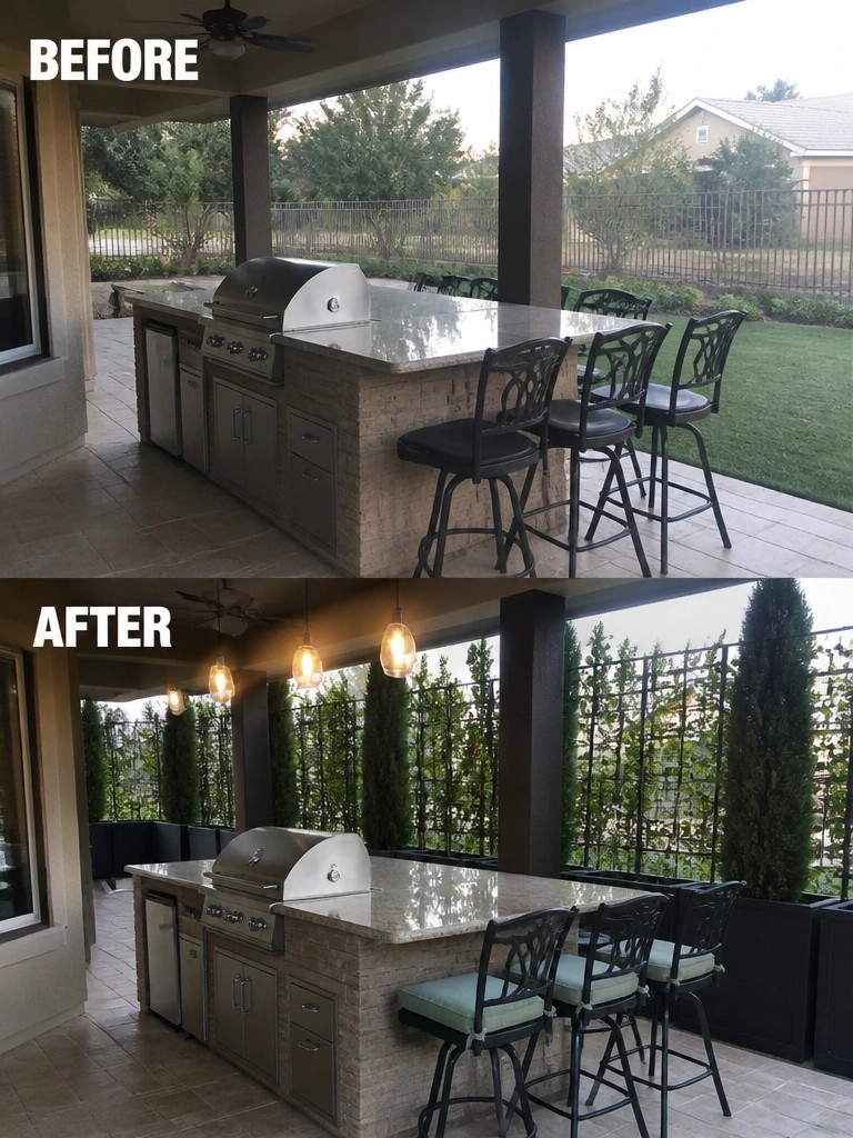 Before-and-after patio kitchen with grill, bar stools, lights and plants