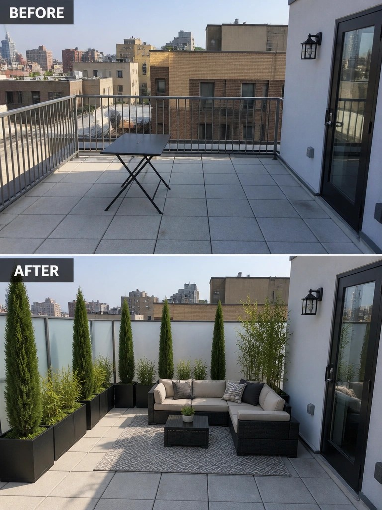 Before and after of city balcony: empty with table, then furnished with sofa, rug and plants.