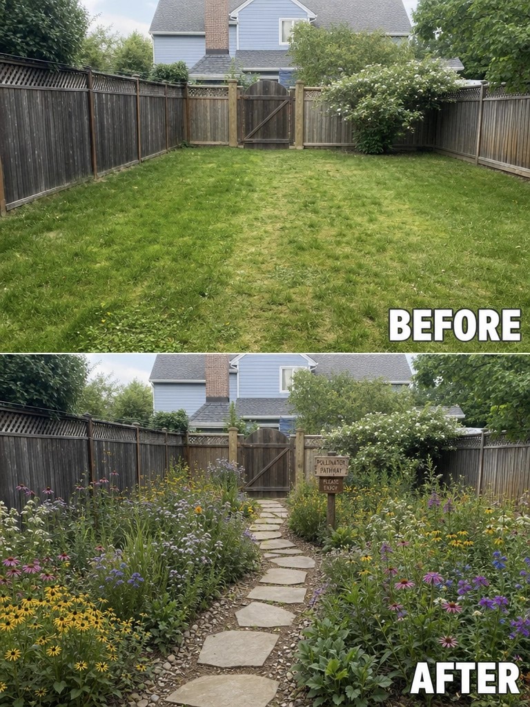Before-and-after image of a plain backyard lawn changed into a garden with a stone path running through the center and flower beds planted on both sides.