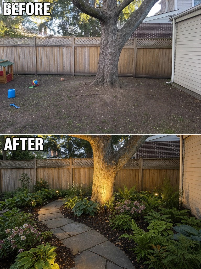 Before-and-after image of a bare backyard with a large tree changed into a landscaped garden with a curved stone path, planted beds, and lighting.