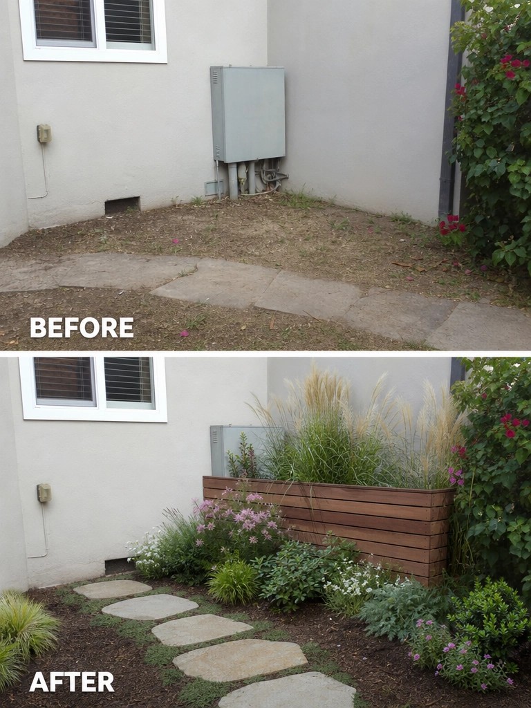Before and after of yard with added wooden planter box and colorful plants