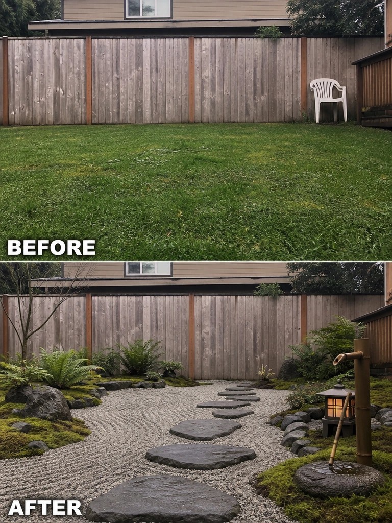 Backyard before grassy lawn and after Japanese zen garden with stepping stones