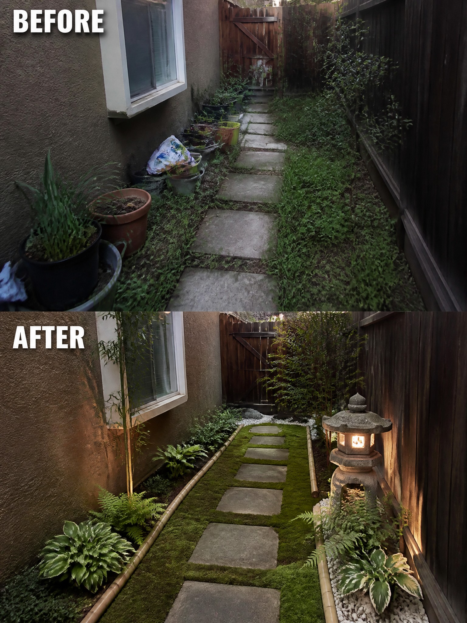 Before-and-after image of an overgrown garden path transformed with moss between pavers, bamboo edging, and planted borders.