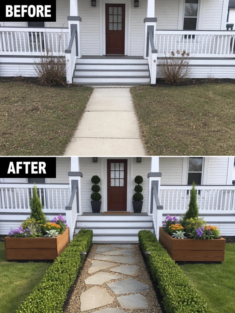 Before-and-after image of a house front entrance showing a plain concrete path changed into a stone walkway with flanking hedges and wooden planters.