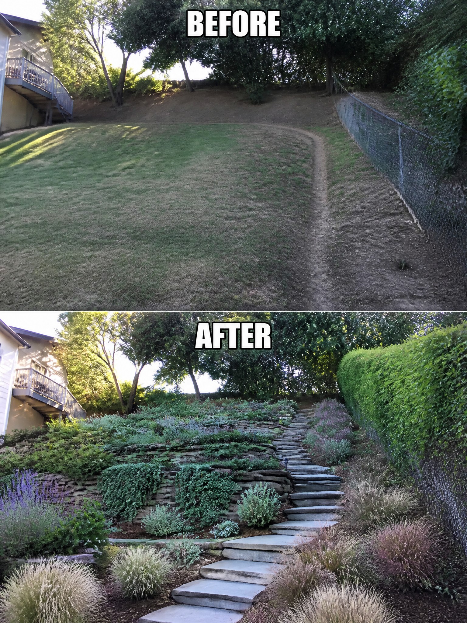 Before-and-after image of a grassy slope with a dirt path changed into terraced stone walls, planted beds, and a stone staircase.