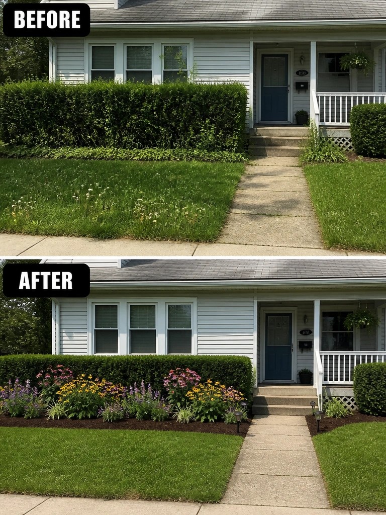 Before and after front yard with colorful flower bed replacing plain hedge and lawn