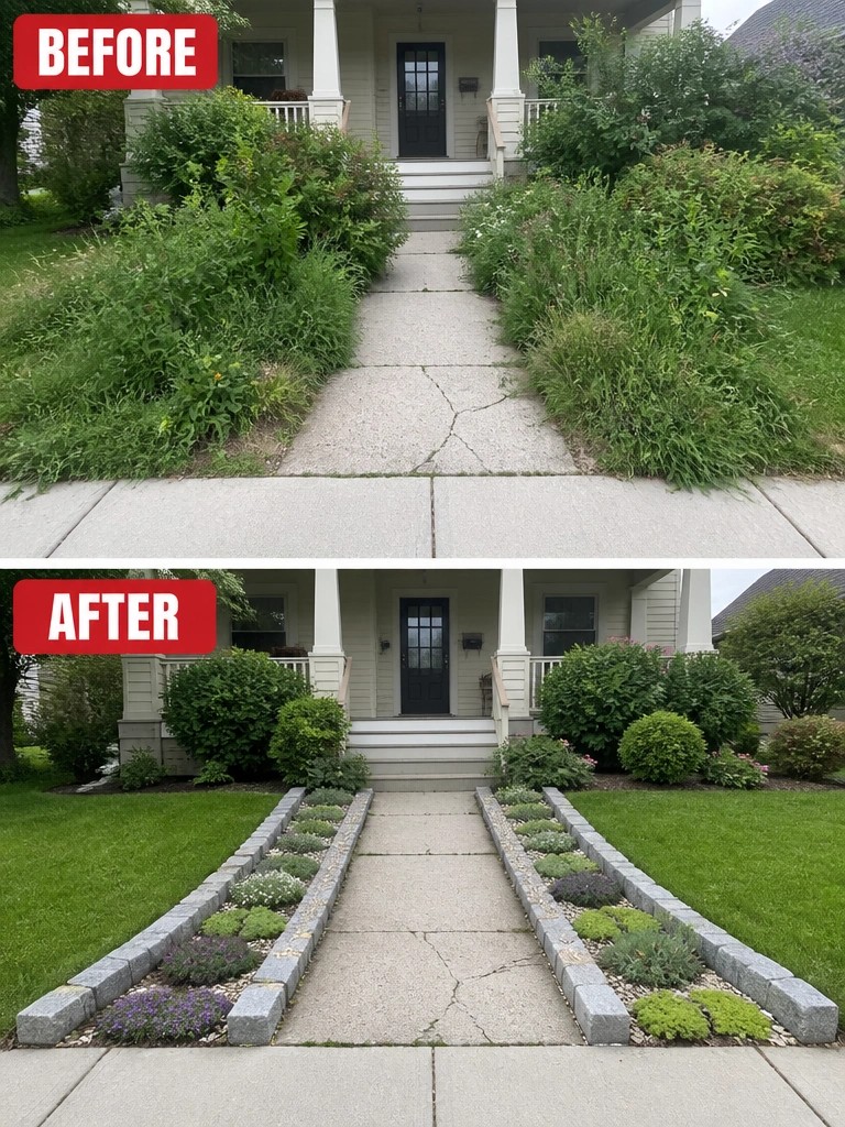 Before-and-after image of an overgrown front walkway changed into neat garden beds with stone edging and low plants.