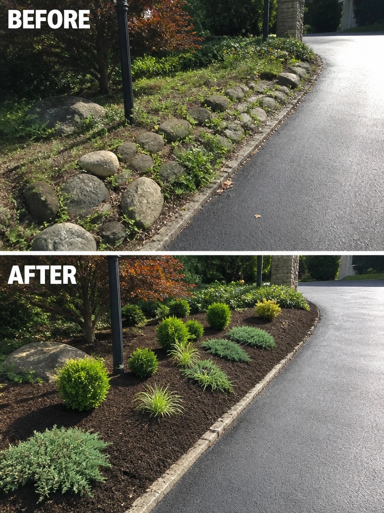 Before and after of roadside garden bed, rocks and weeds replaced by shrubs and mulch.