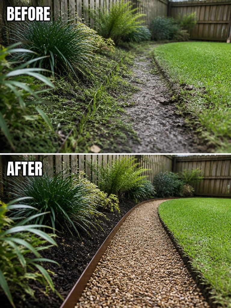 Before-and-after image of a muddy path in an overgrown yard changed into a clean gravel walkway with metal edging.