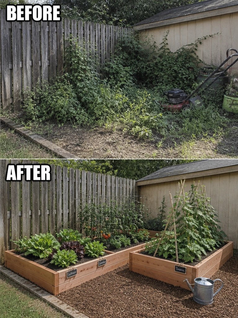 Before and after of overgrown yard transformed into labeled raised vegetable beds