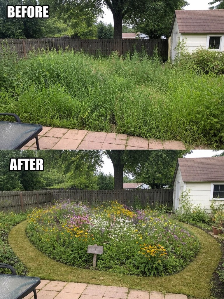 Before-and-after image of an overgrown backyard changed into a yard with a circular flower bed and mowed lawn edges.