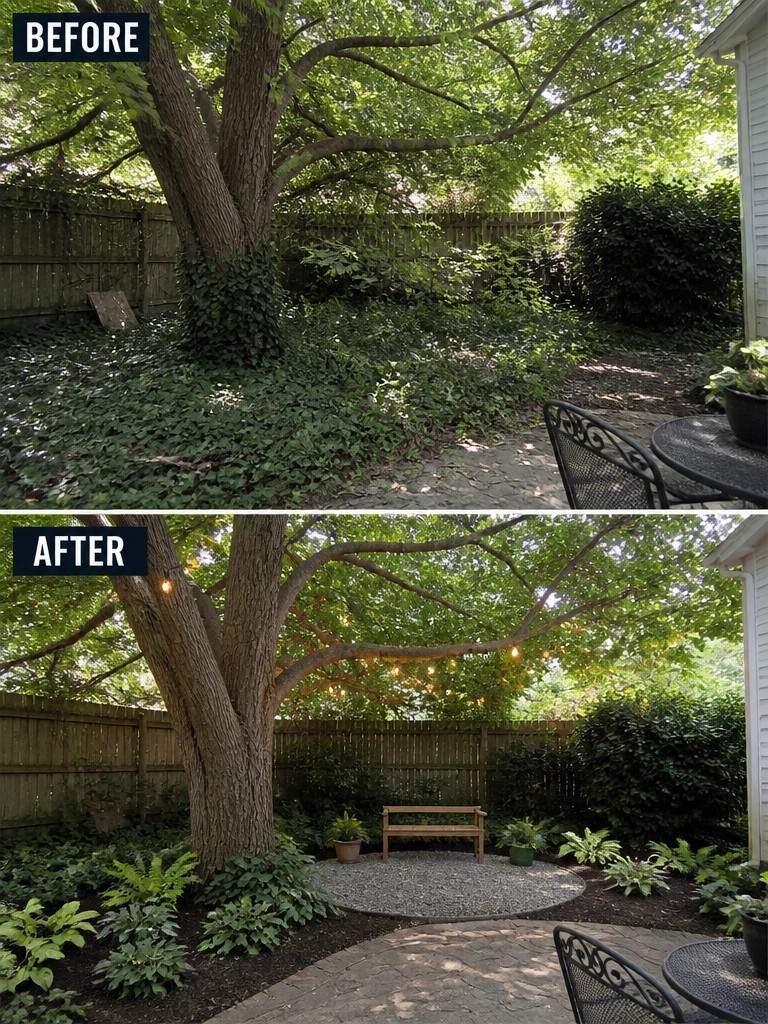 Before-and-after image of an overgrown backyard transformed into a tidy space with defined plantings, a gravel circle, and a bench under the tree.