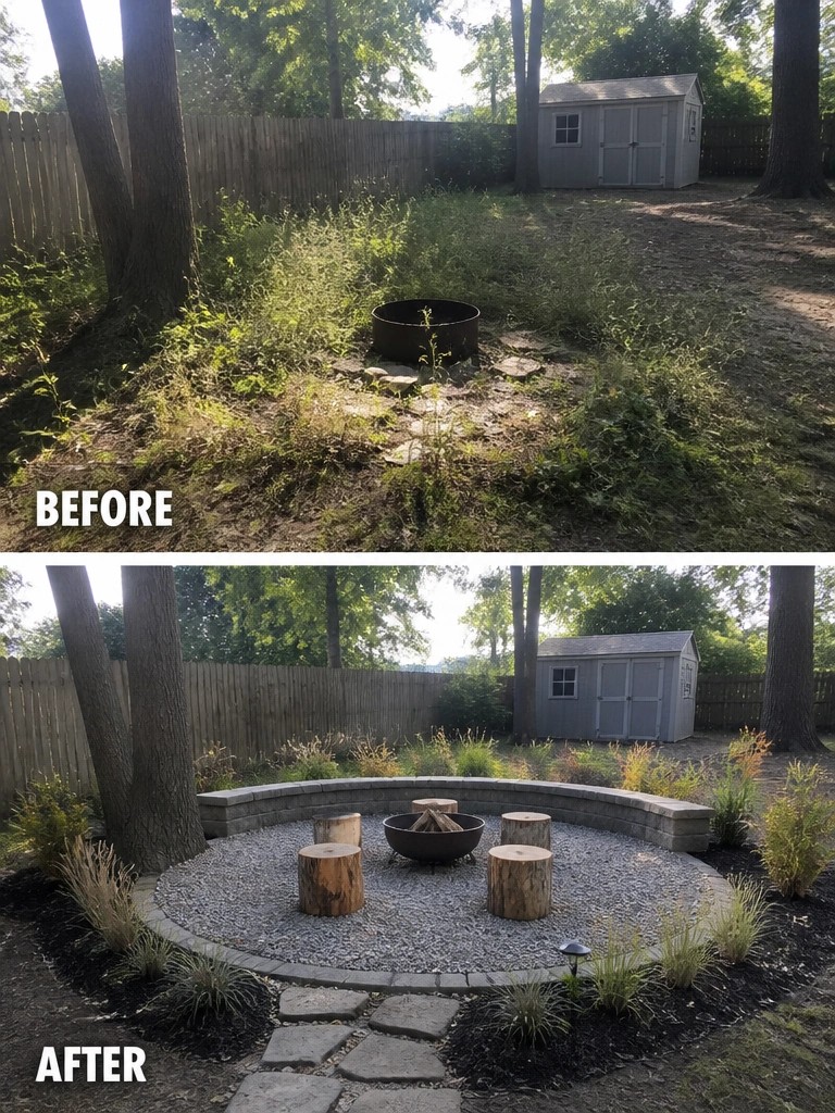 Before and after fire pit makeover with stone wall, gravel, and seating logs