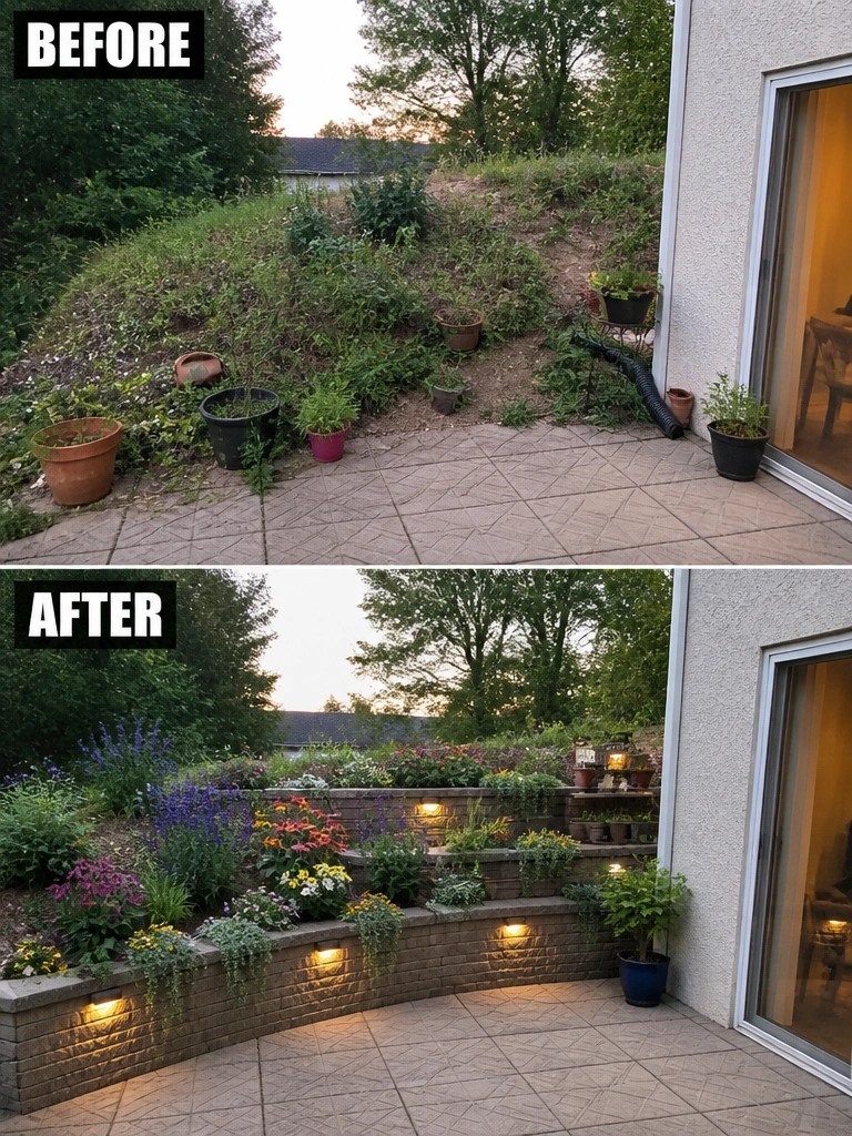 Before and after of sloped patio transformed into tiered brick garden with flowers and lights