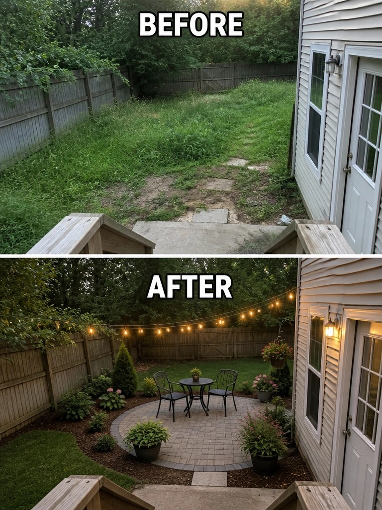 Before and after backyard makeover from overgrown lawn to lit patio with furniture and plants