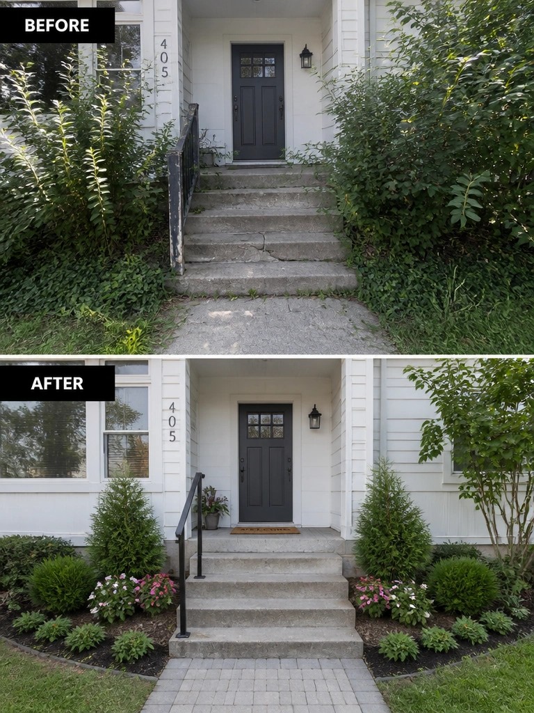 Before-and-after image of an overgrown house entrance changed into a landscaped entry with neat shrubs and flower beds.