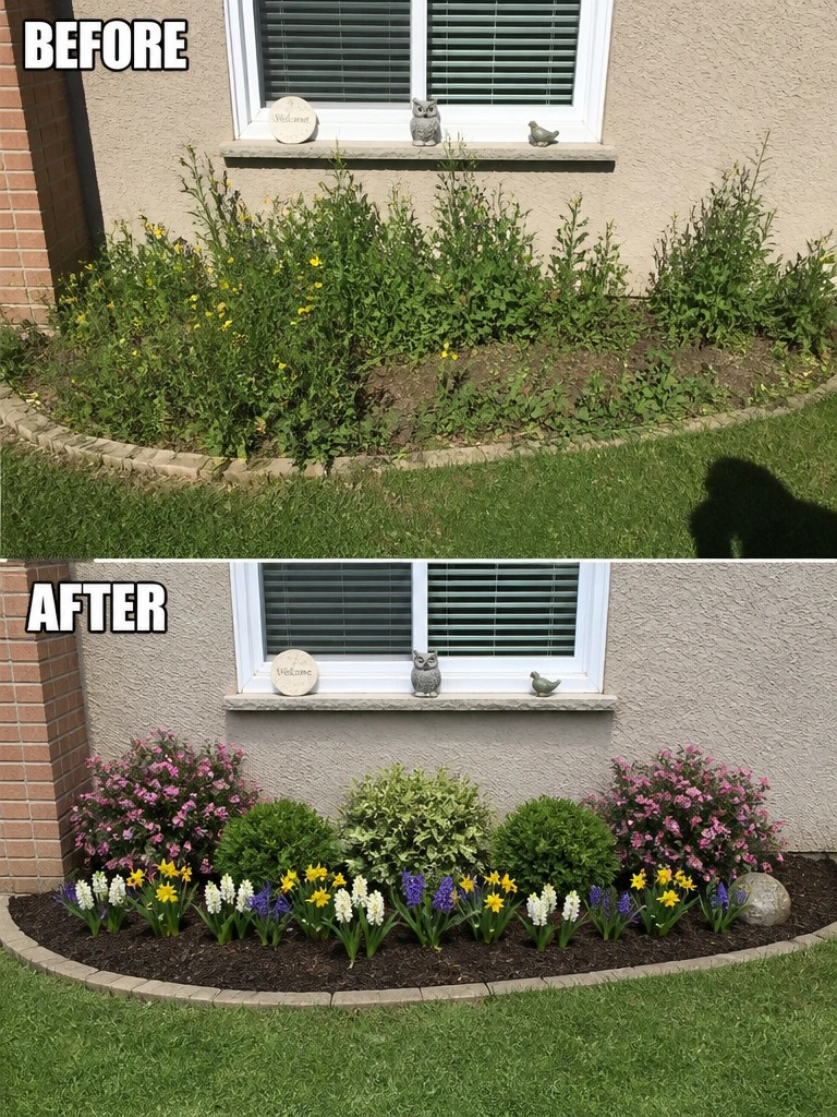 Before and after of overgrown weeds transformed into colorful mulched flower bed.