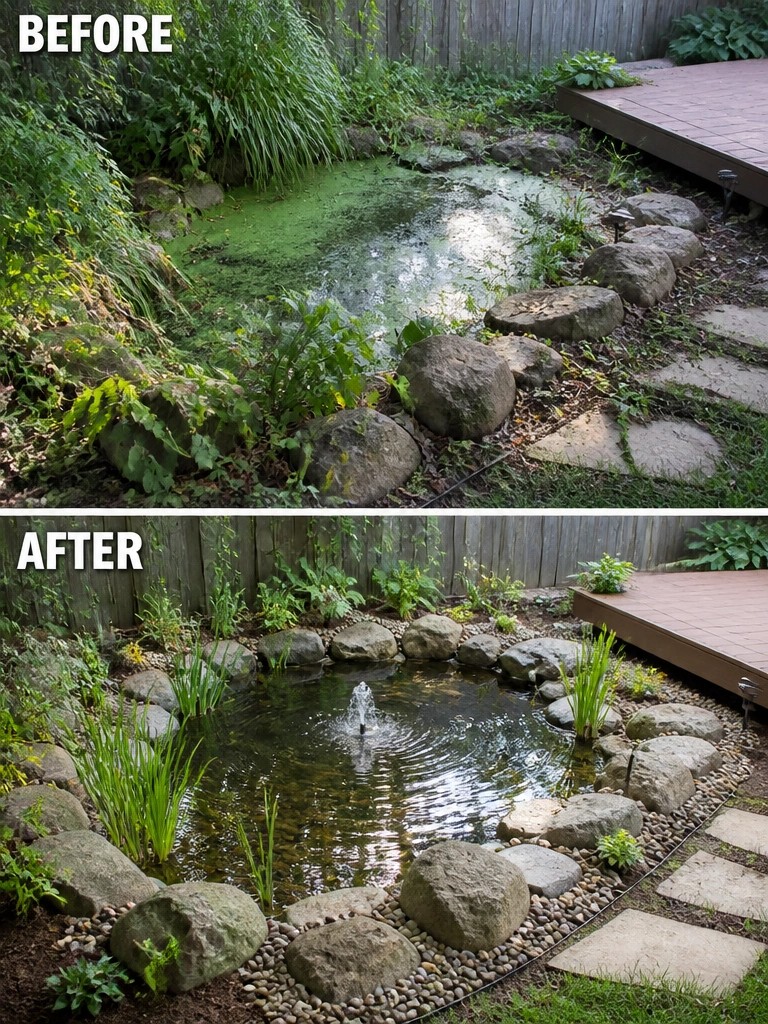 Before-and-after image of an overgrown backyard pond changed into a clean water feature with defined rock borders, gravel edging, and simple planting.