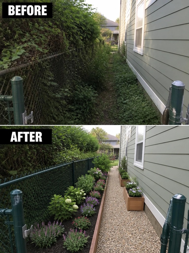 Before-and-after image of an overgrown side yard changed into a gravel path lined with defined garden beds and wooden planters.