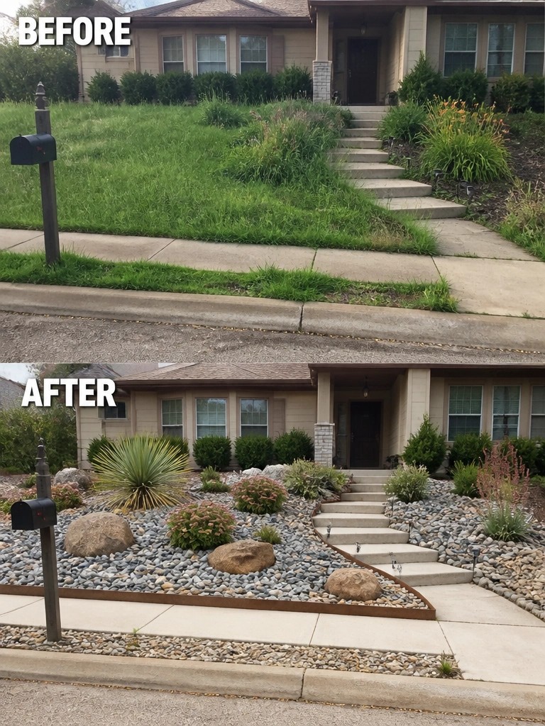 Before and after front yard landscaping with gravel beds, rocks, and plants