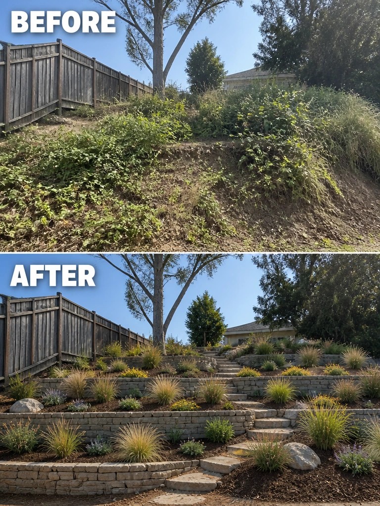 Before overgrown hillside and after terraced stone walls with stairs and plants.