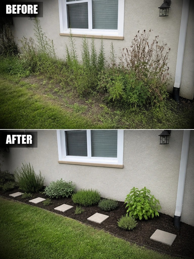 Before and after of overgrown weeds transformed into mulched garden bed with stones and shrubs.