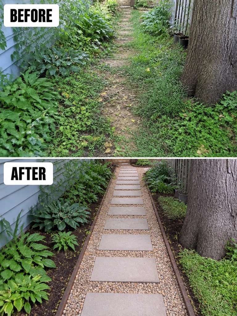 Before-and-after image of an overgrown garden path transformed into a neat walkway with rectangular pavers set in gravel and bordered by metal edging.