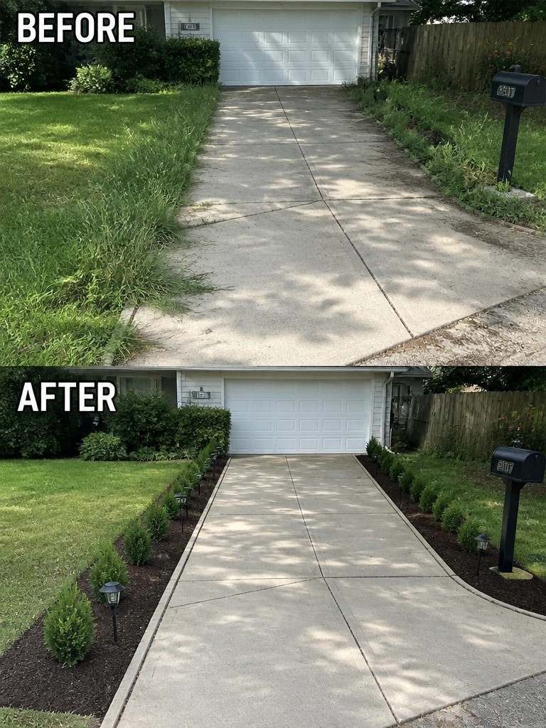 Before-and-after driveway with new mulch borders, shrubs, and lights.