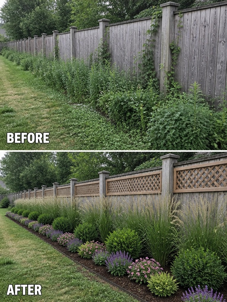Before-and-after image of an overgrown fence line changed into a landscaped garden border with mulch, shrubs, grasses, and flowering plants.