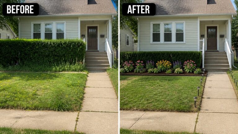 23 Easy Landscaping Before and After Ideas for Overgrown Yards Before and after front yard with colorful flower bed replacing plain hedge and lawn